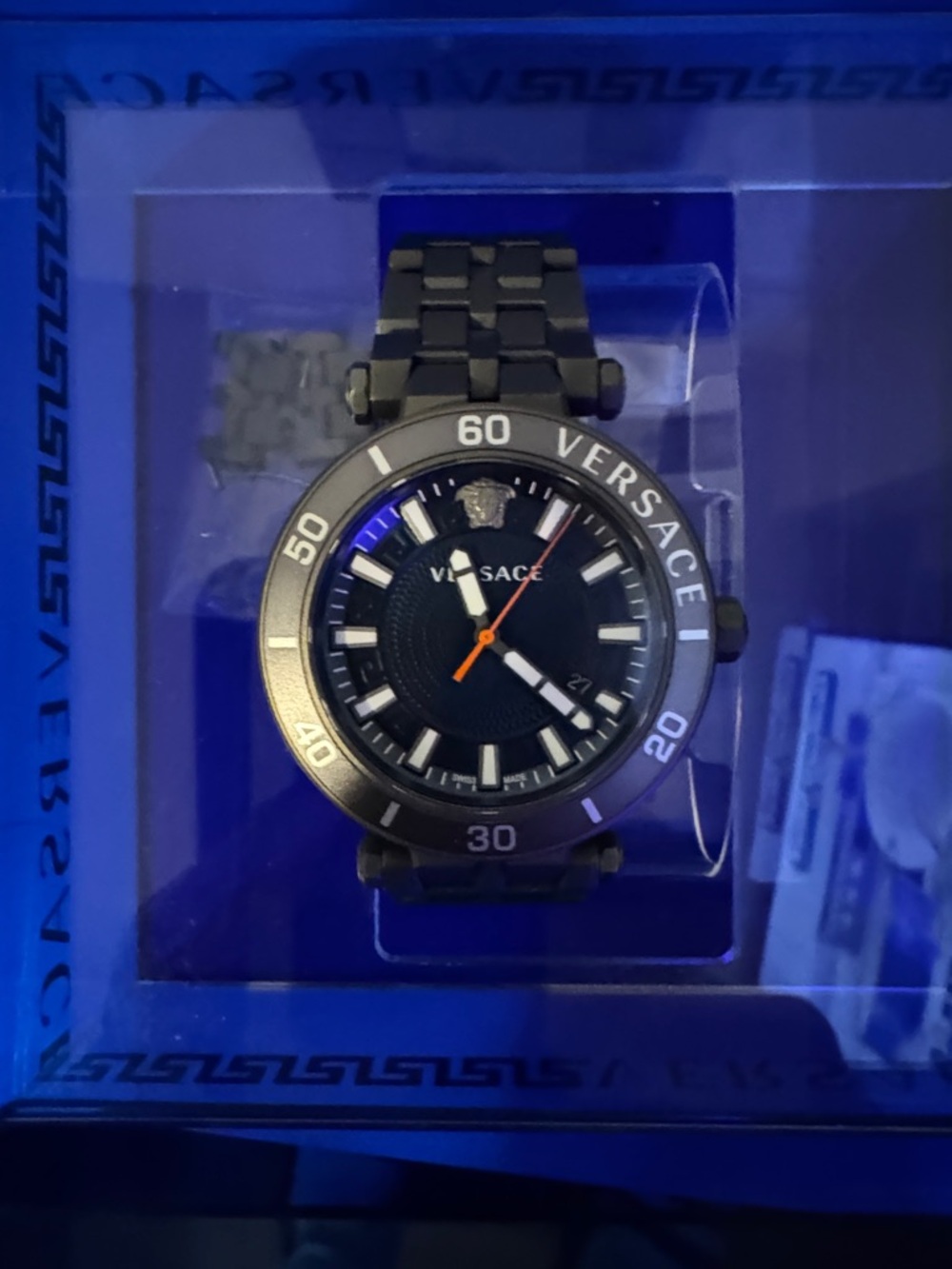 Versace Black Stainless Steel Men's Watch with Orange Seconds Hand